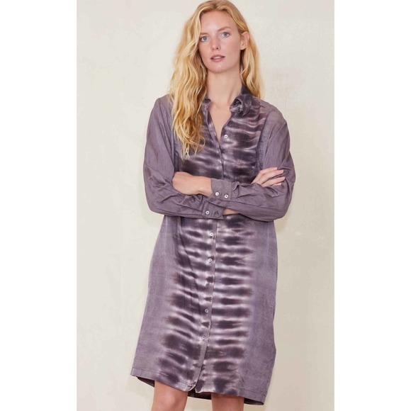 Raquel Allegra Silk Cotton Purple Tie Dye Classic Shirt Dress 2 M $685